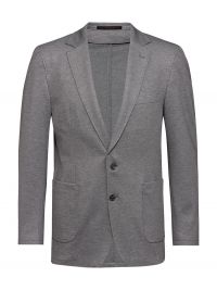 Herren Jersey Sakko Grau Meliert – Regular Fit, elegantes Sakko aus elastischem Jersey-Gewebe, Zwei-Knopf-Verschluss, aufgesetzte Taschen und Seitenschlitze, ideal für Business, Büro, Verkauf und Gastronomie.